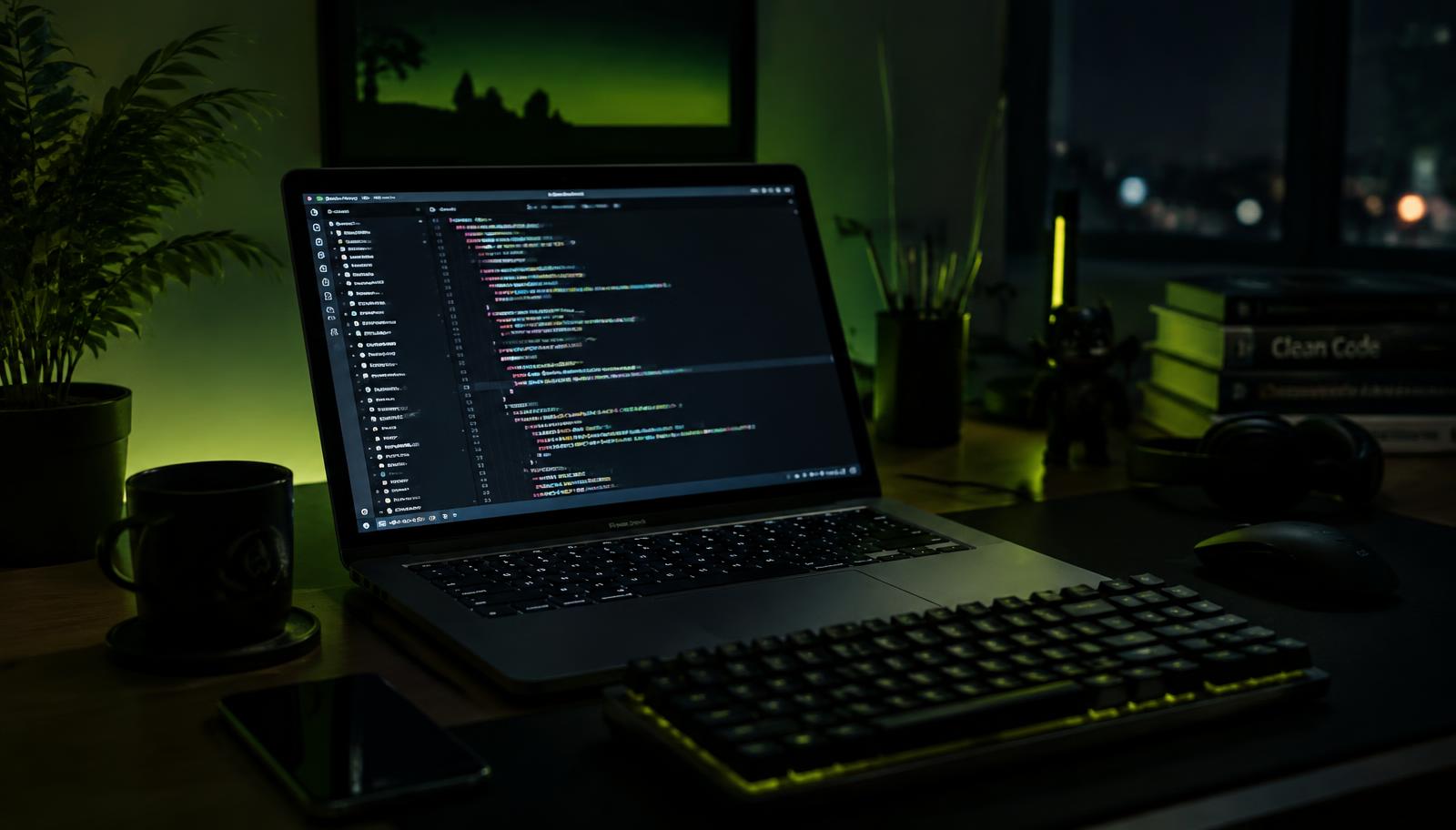 Developer workspace with code on screen